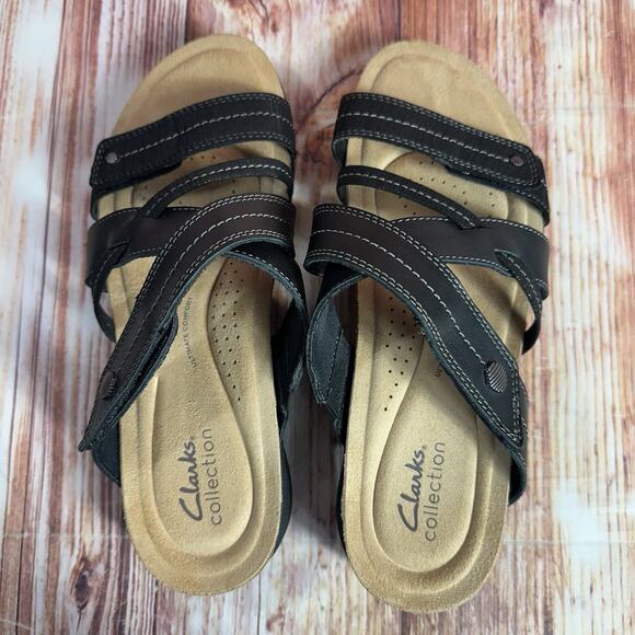 Clarks APRIL WILLOW Size 9 Black Leather Sandals Slides Comfort Open Toe Shoes - Picture 5 of 10